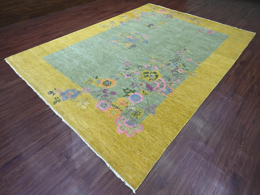 9'1" x 12'5" New Hand Knotted Green Wool Rectangle Oriental Rug - MOA10220655