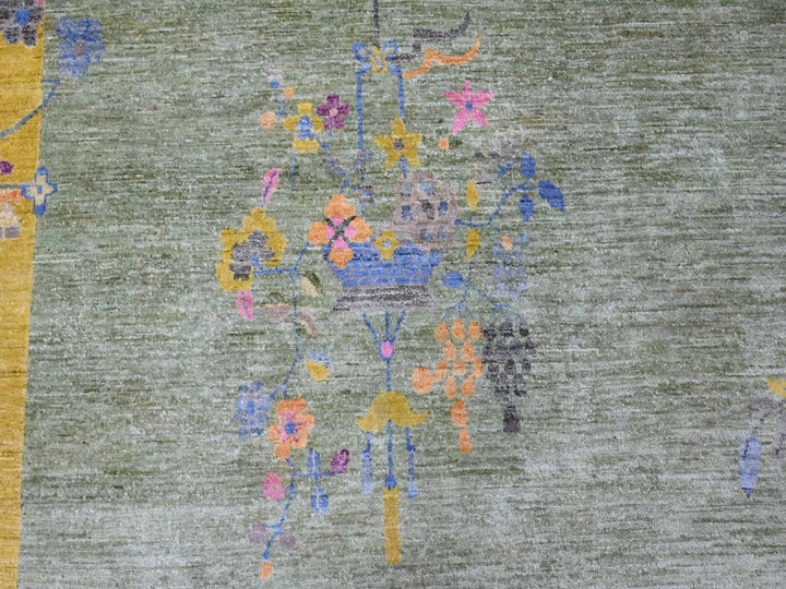 9'1" x 12'5" New Hand Knotted Green Wool Rectangle Oriental Rug - MOA10220655