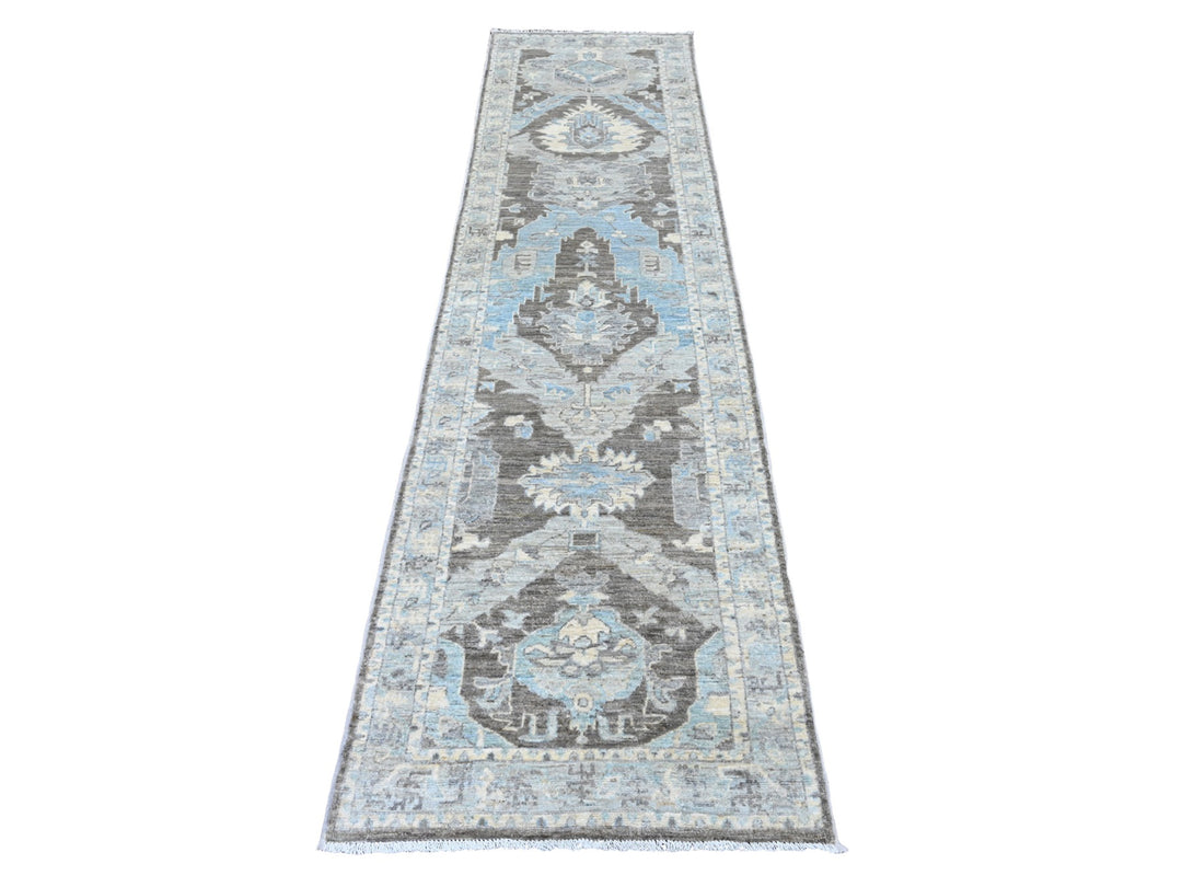 2'6" x 9'7" New Hand Knotted Grey Wool Runner Oriental Rug - MOA10220671