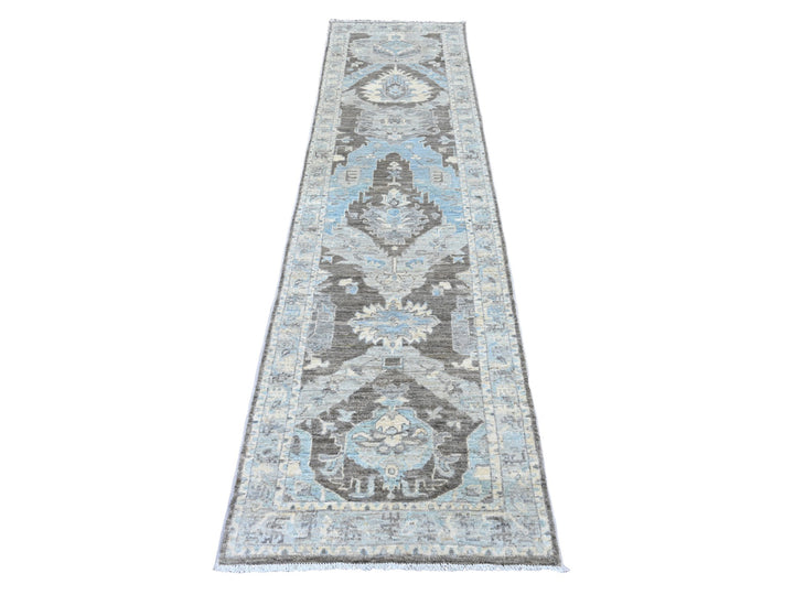 2'6" x 9'7" New Hand Knotted Grey Wool Runner Oriental Rug - MOA10220671