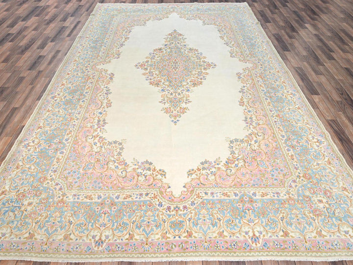 8'9" x 15'2" Vintage Hand Knotted Ivory Wool Rectangle Oriental Rug - MOA1022067