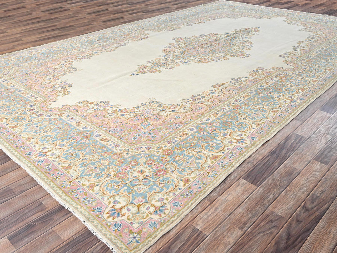 8'9" x 15'2" Vintage Hand Knotted Ivory Wool Rectangle Oriental Rug - MOA1022067