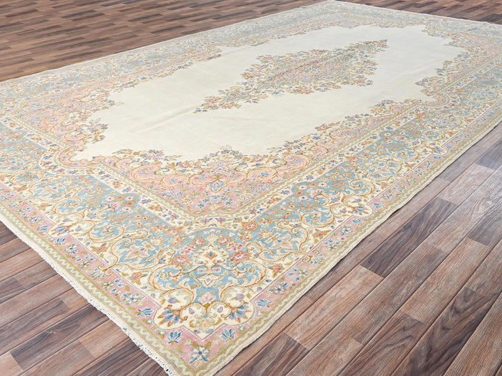 8'9" x 15'2" Vintage Hand Knotted Ivory Wool Rectangle Oriental Rug - MOA1022067