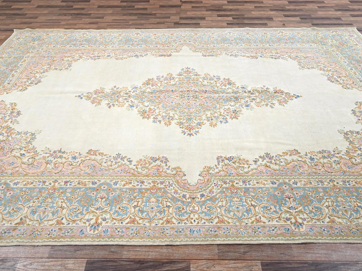 8'9" x 15'2" Vintage Hand Knotted Ivory Wool Rectangle Oriental Rug - MOA1022067