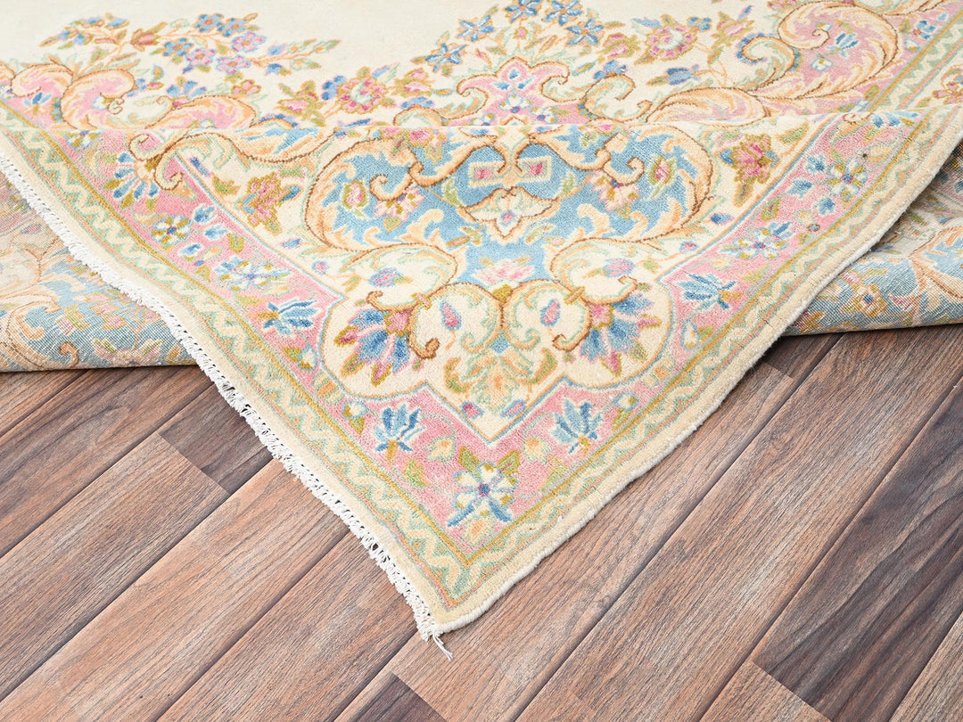 8'9" x 15'2" Vintage Hand Knotted Ivory Wool Rectangle Oriental Rug - MOA1022067