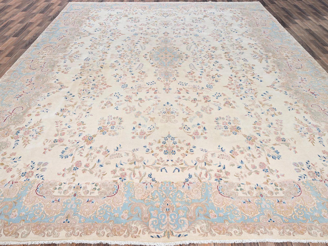 11'10" x 14'2" Vintage Hand Knotted Ivory Wool Rectangle Oriental Rug - MOA1022068
