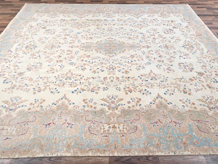 11'10" x 14'2" Vintage Hand Knotted Ivory Wool Rectangle Oriental Rug - MOA1022068
