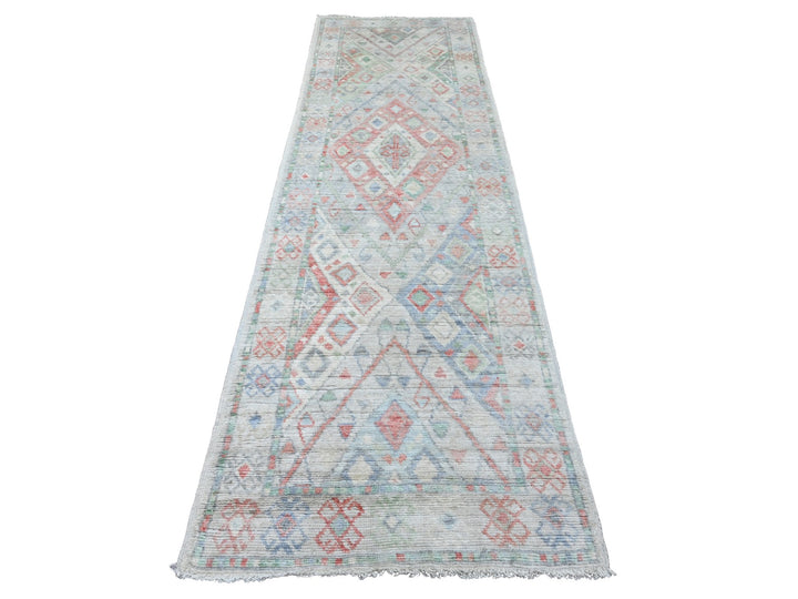 3'2" x 10'5" New Hand Knotted Grey Wool Runner Oriental Rug - MOA10220699