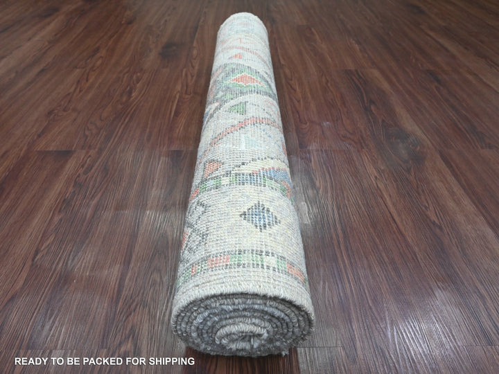 3'2" x 10'5" New Hand Knotted Grey Wool Runner Oriental Rug - MOA10220699