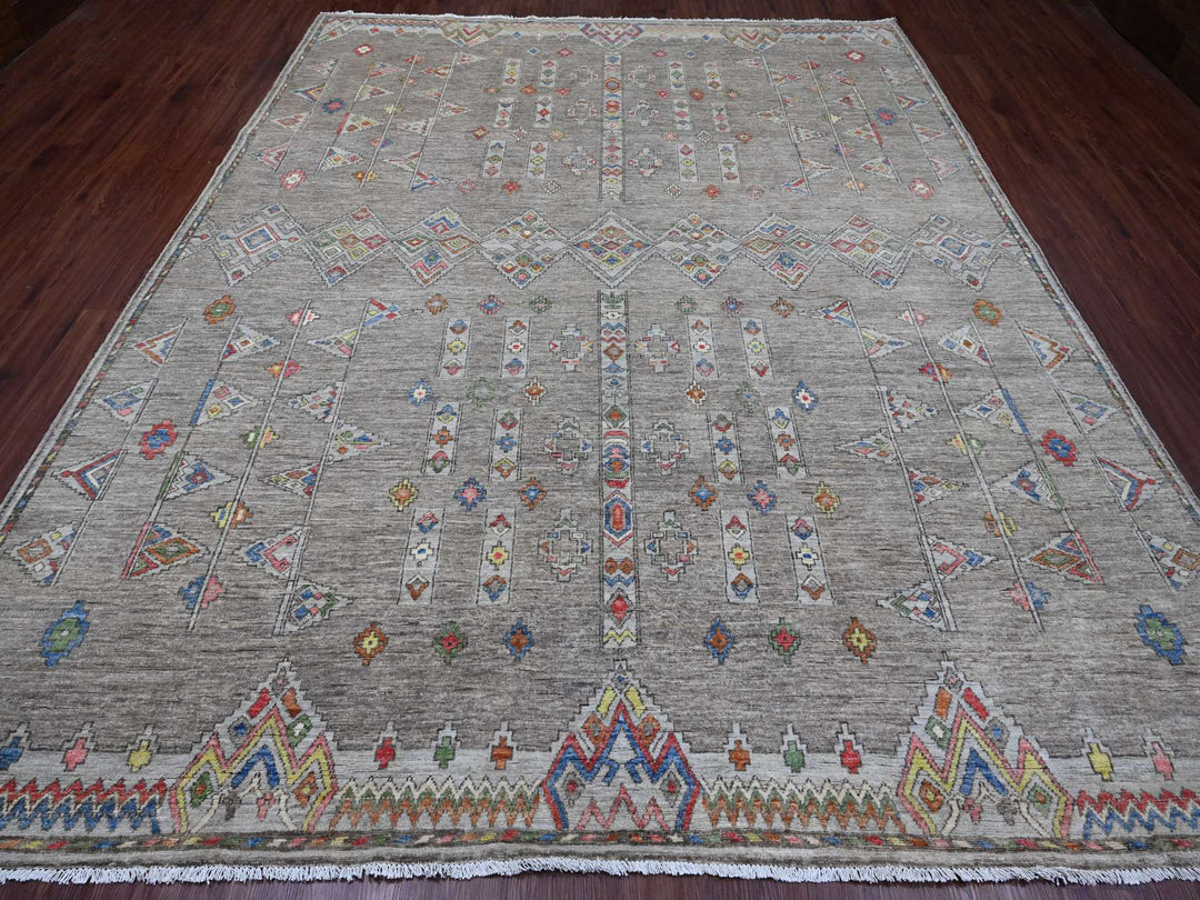 9'1" x 11'5" New Hand Knotted Grey Wool Rectangle Oriental Rug - MOA10220740
