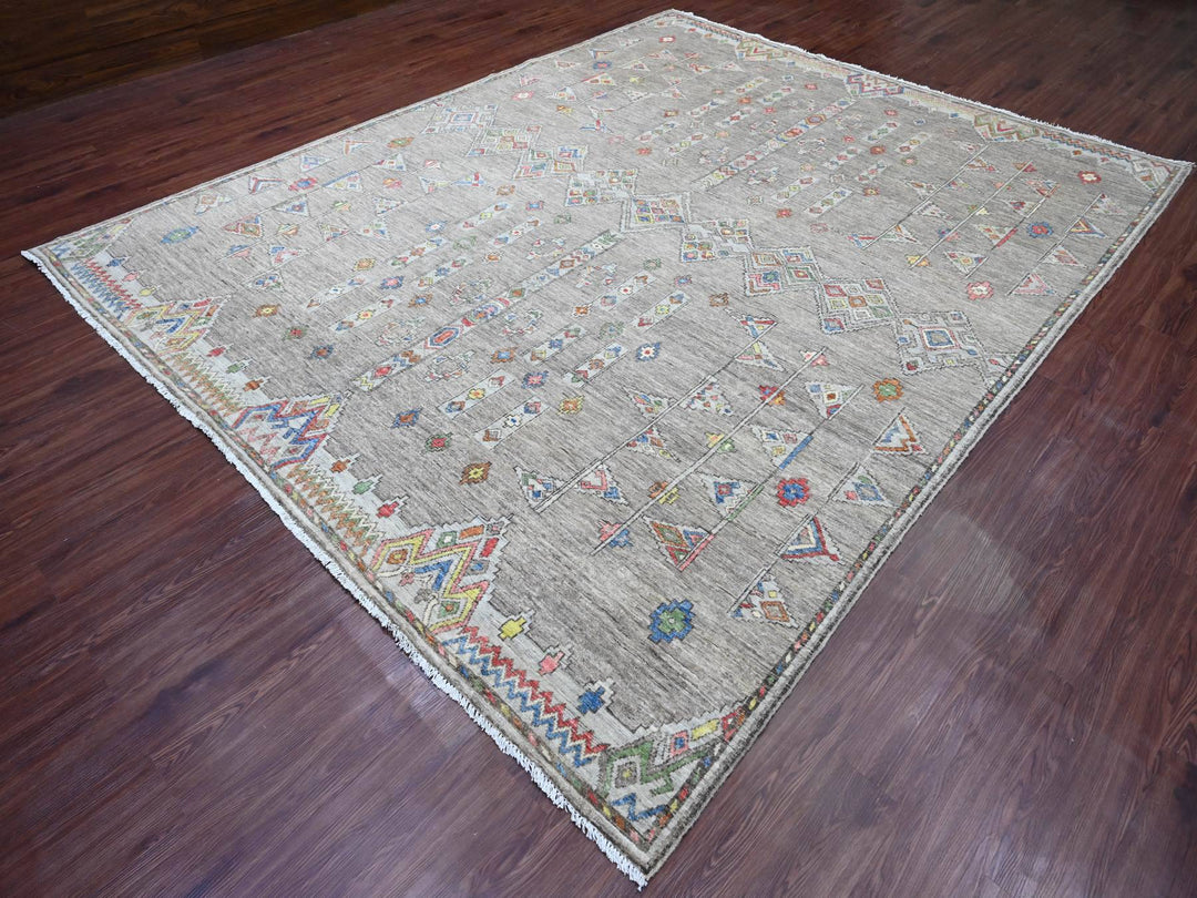 9'1" x 11'5" New Hand Knotted Grey Wool Rectangle Oriental Rug - MOA10220740