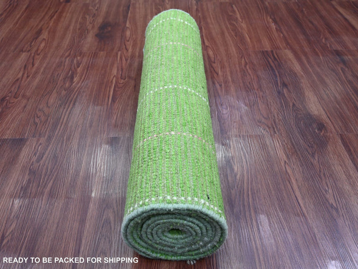2'6" x 9'1" New Hand Knotted Green Wool Runner Oriental Rug - MOA10220747