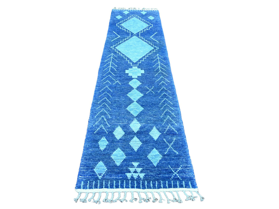 2'9" x 10'7" New Hand Knotted Blue Wool Runner Oriental Rug - MOA10220749
