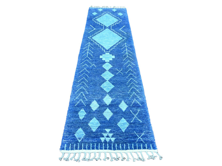 2'9" x 10'7" New Hand Knotted Blue Wool Runner Oriental Rug - MOA10220749