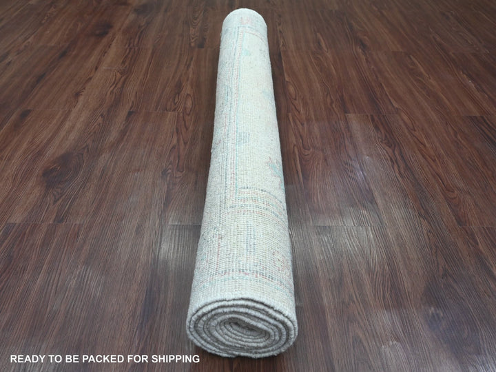 3'10" x 10'0" New Hand Knotted Ivory Wool Runner Oriental Rug - MOA10220767