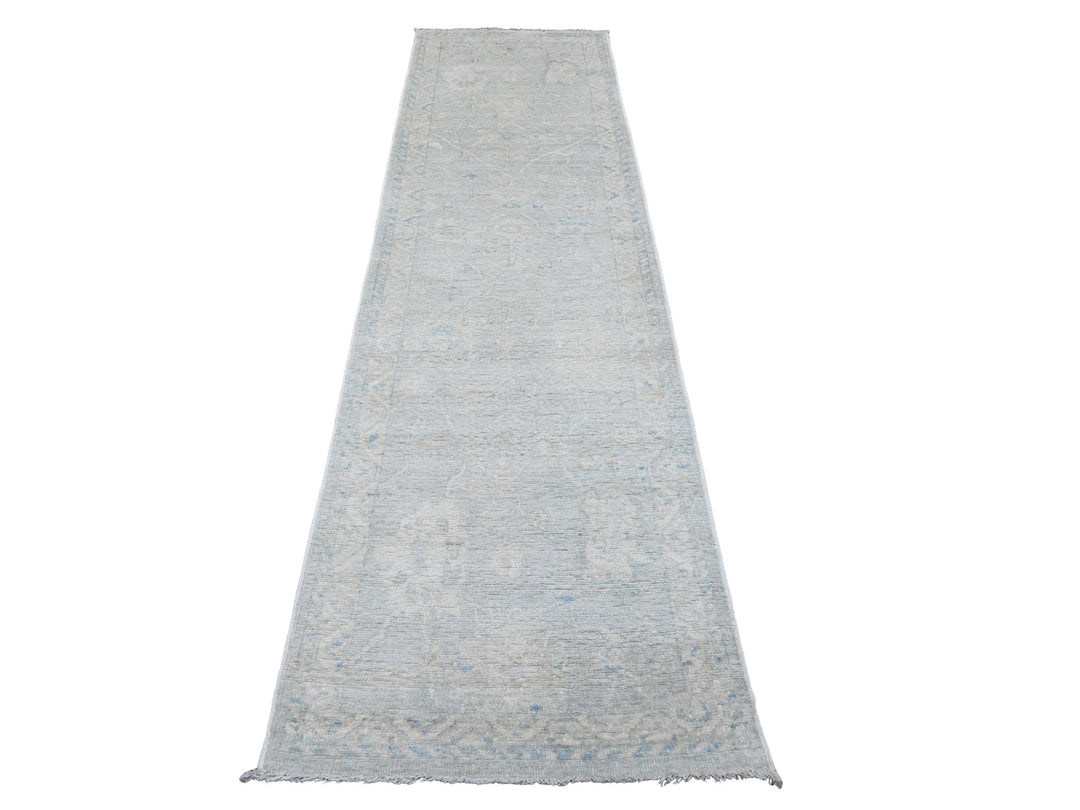 2'8" x 9'8" New Hand Knotted Grey Wool Runner Oriental Rug - MOA10220791