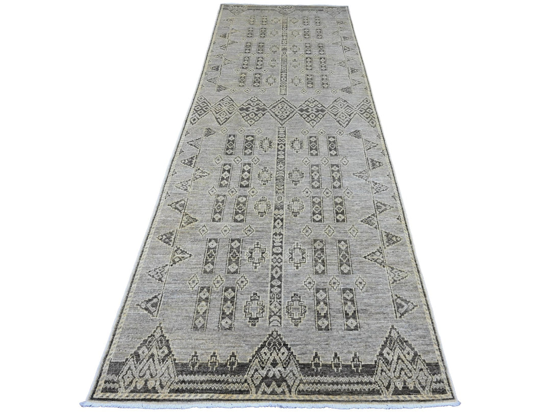 3'11" x 11'9" New Hand Knotted Grey Wool Runner Oriental Rug - MOA10220823