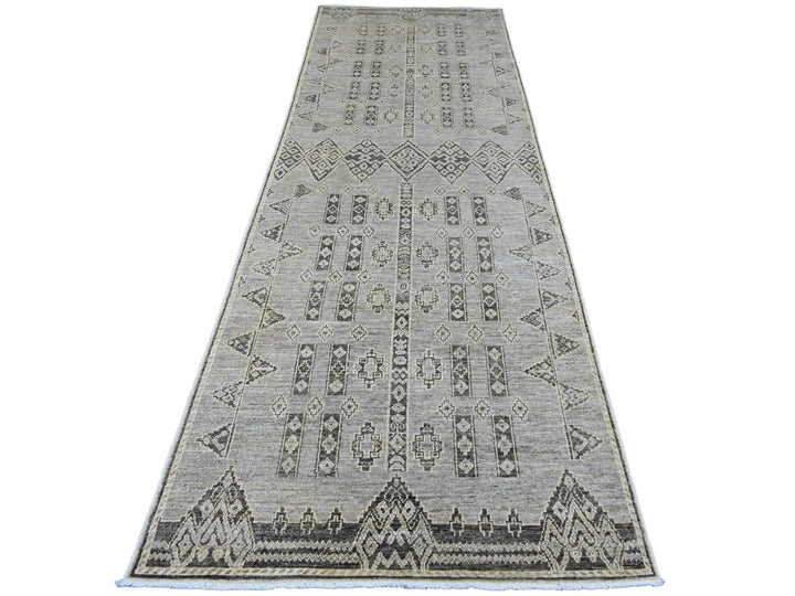 3'11" x 11'9" New Hand Knotted Grey Wool Runner Oriental Rug - MOA10220823