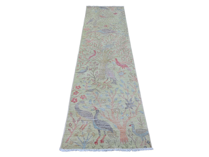 2'7" x 9'8" New Hand Knotted Green Wool Runner Oriental Rug - MOA10220853