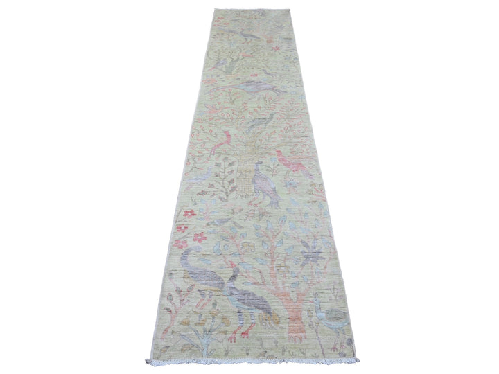 2'6" x 11'4" New Hand Knotted Green Wool Runner Oriental Rug - MOA10220854