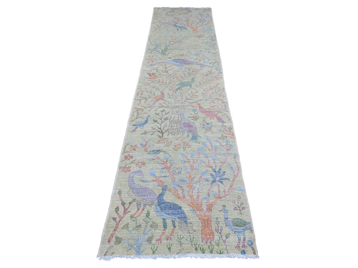 2'9" x 11'8" New Hand Knotted Green Wool Runner Oriental Rug - MOA10220858