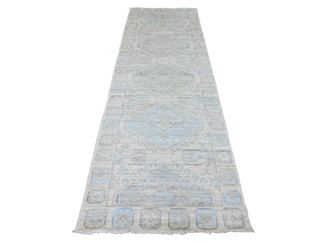 3'3" x 10'0" New Hand Knotted Ivory Wool Runner Oriental Rug - MOA10220860