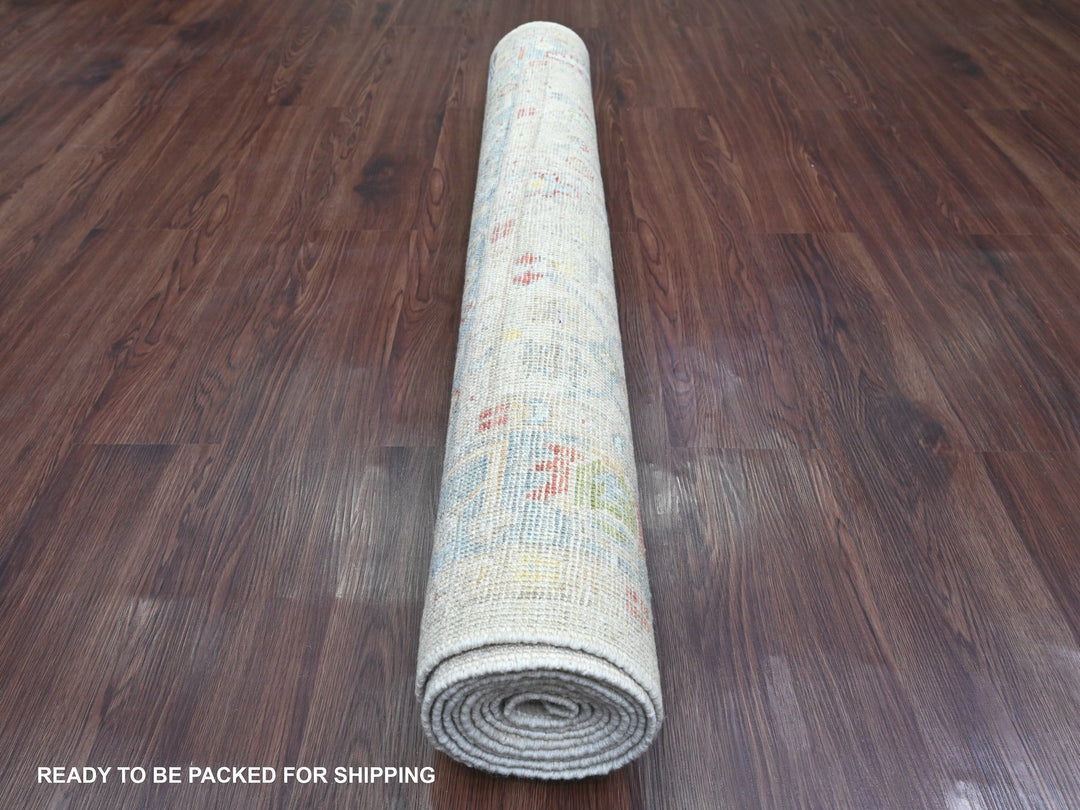 4'1" x 10'1" New Hand Knotted Ivory Wool Runner Oriental Rug - MOA10220877