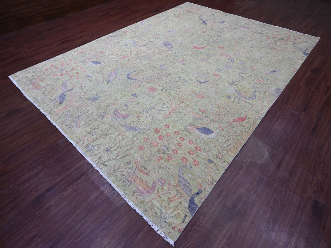 8'10" x 12'3" New Hand Knotted Green Wool Rectangle Oriental Rug - MOA10220889