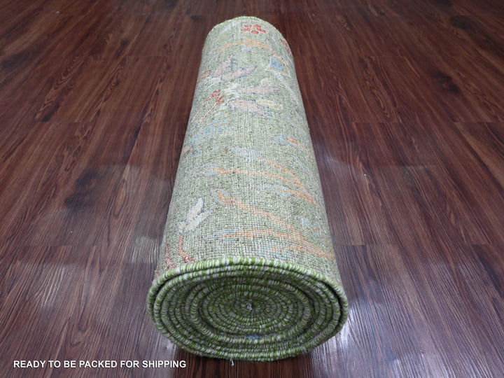 2'6" x 23'11" New Hand Knotted Green Wool Runner Oriental Rug - MOA10220957