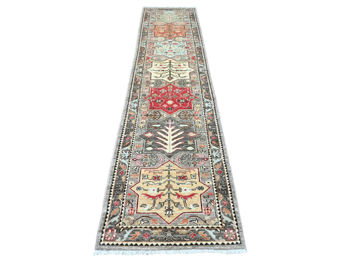 2'7" x 11'6" New Hand Knotted Grey Wool Runner Oriental Rug - MOA10220967