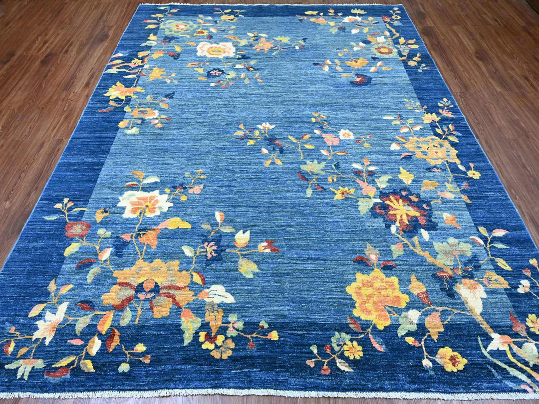 8'0" x 9'11" New Hand Knotted Blue Wool Rectangle Oriental Rug - MOA10220979