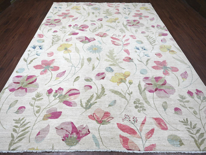 9'0" x 11'9" New Hand Knotted Ivory Wool Rectangle Oriental Rug - MOA10220993
