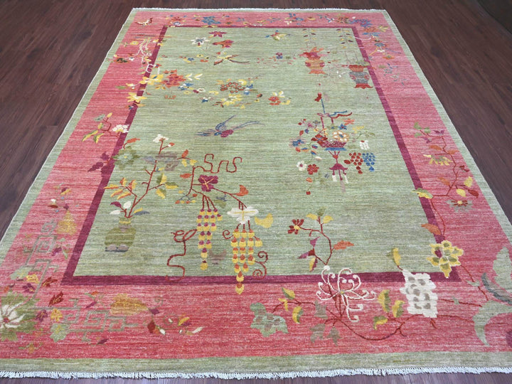 8'3" x 10'0" New Hand Knotted Green Wool Rectangle Oriental Rug - MOA10221005