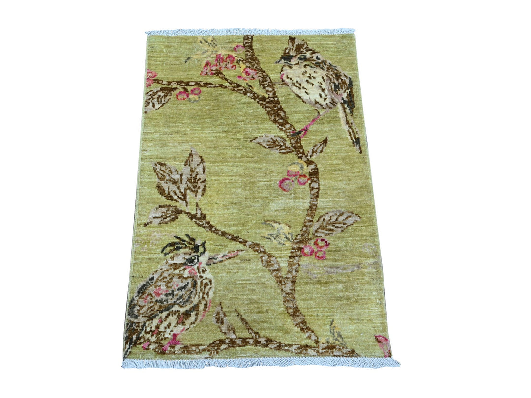 1'10" x 3'0" New Hand Knotted Green Wool Rectangle Oriental Rug - MOA10221014