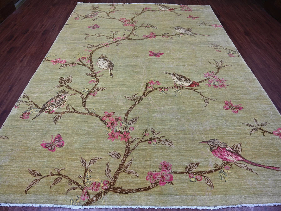 9'0" x 11'10" New Hand Knotted Green Wool Rectangle Oriental Rug - MOA10221042
