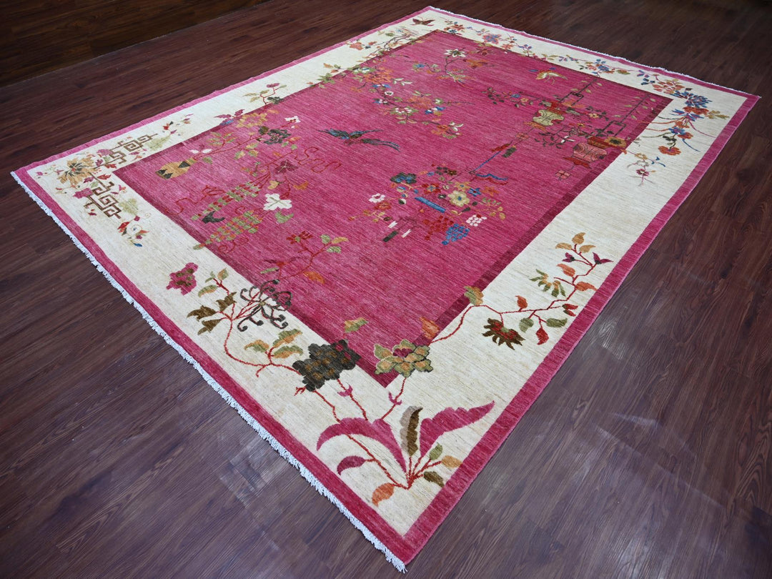 9'0" x 11'10" New Hand Knotted Pink Wool Rectangle Oriental Rug - MOA10221048