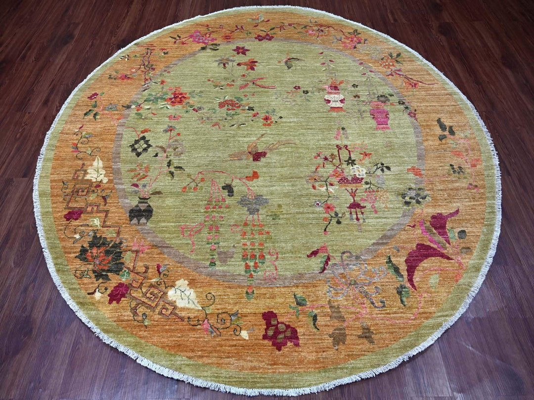 7'10" x 8'0" New Hand Knotted Green Wool Round Oriental Rug - MOA10221052