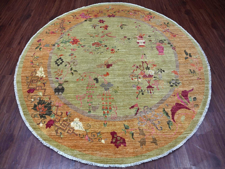 7'10" x 8'0" New Hand Knotted Green Wool Round Oriental Rug - MOA10221052