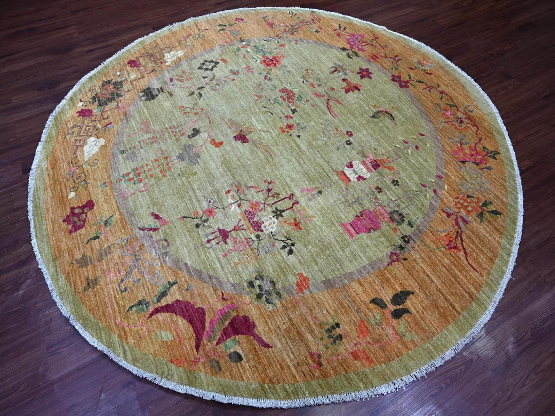 7'10" x 8'0" New Hand Knotted Green Wool Round Oriental Rug - MOA10221052