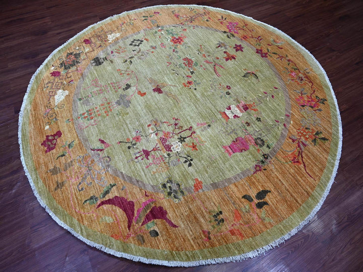 7'10" x 8'0" New Hand Knotted Green Wool Round Oriental Rug - MOA10221052