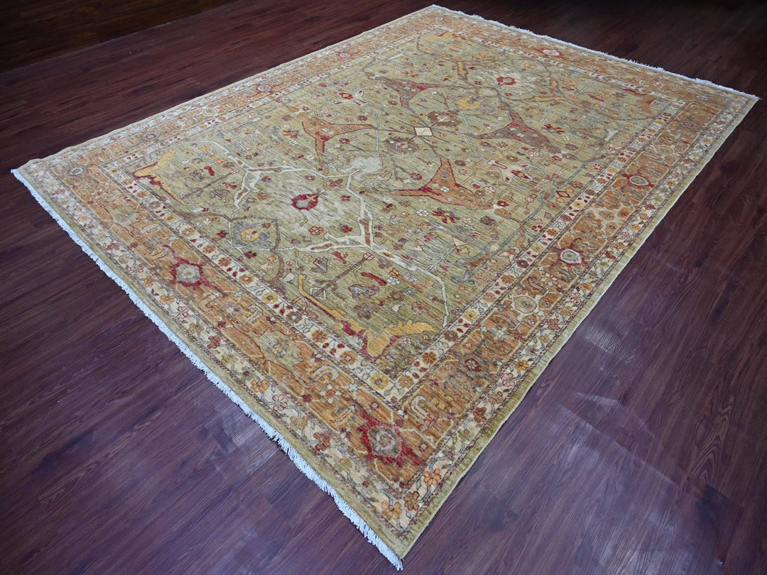 8'9" x 11'7" New Hand Knotted Green Wool Rectangle Oriental Rug - MOA10221055