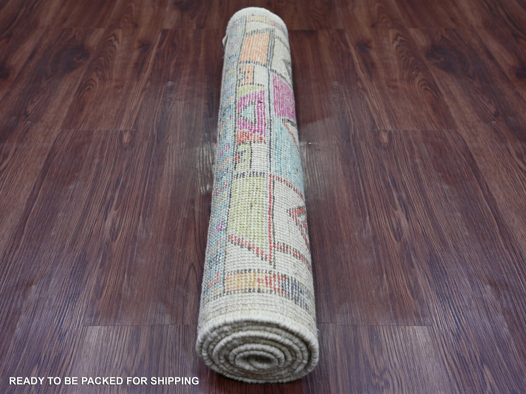 2'8" x 7'3" New Hand Knotted Ivory Wool Runner Oriental Rug - MOA10221058