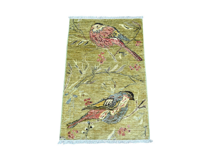 1'11" x 3'0" New Hand Knotted Green Wool Rectangle Oriental Rug - MOA10221070
