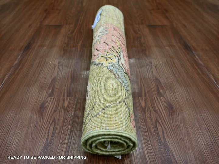 1'11" x 3'0" New Hand Knotted Green Wool Rectangle Oriental Rug - MOA10221070