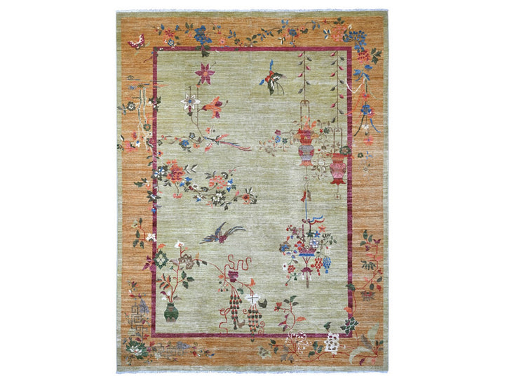 8'10" x 11'7" New Hand Knotted Green Wool Rectangle Oriental Rug - MOA10221073