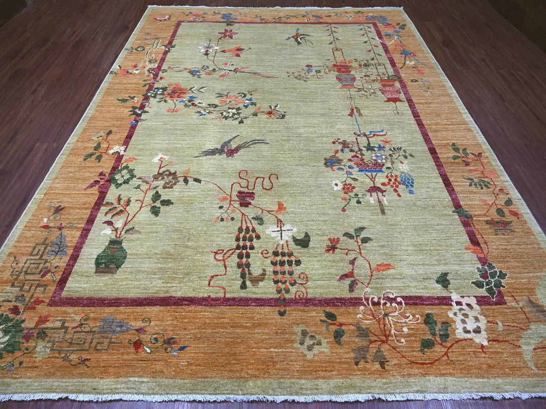8'10" x 11'7" New Hand Knotted Green Wool Rectangle Oriental Rug - MOA10221073