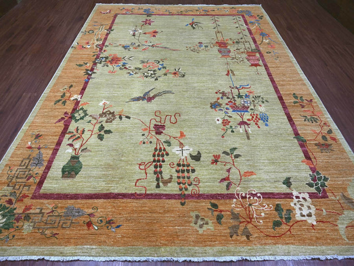 8'10" x 11'7" New Hand Knotted Green Wool Rectangle Oriental Rug - MOA10221073