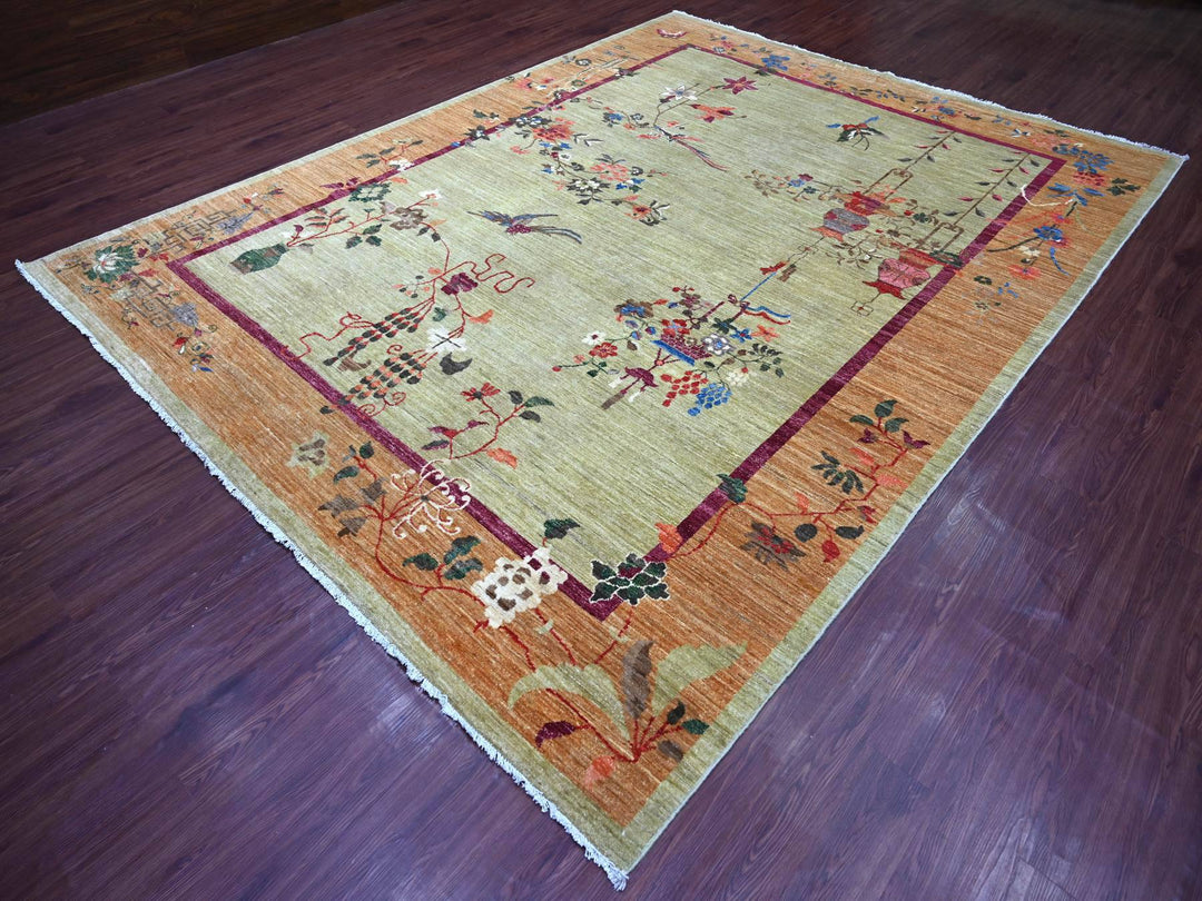 8'10" x 11'7" New Hand Knotted Green Wool Rectangle Oriental Rug - MOA10221073