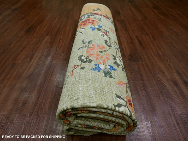 8'10" x 11'7" New Hand Knotted Green Wool Rectangle Oriental Rug - MOA10221073
