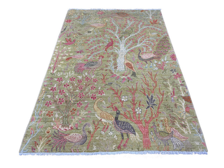 4'11" x 7'0" New Hand Knotted Green Wool Rectangle Oriental Rug - MOA10221087